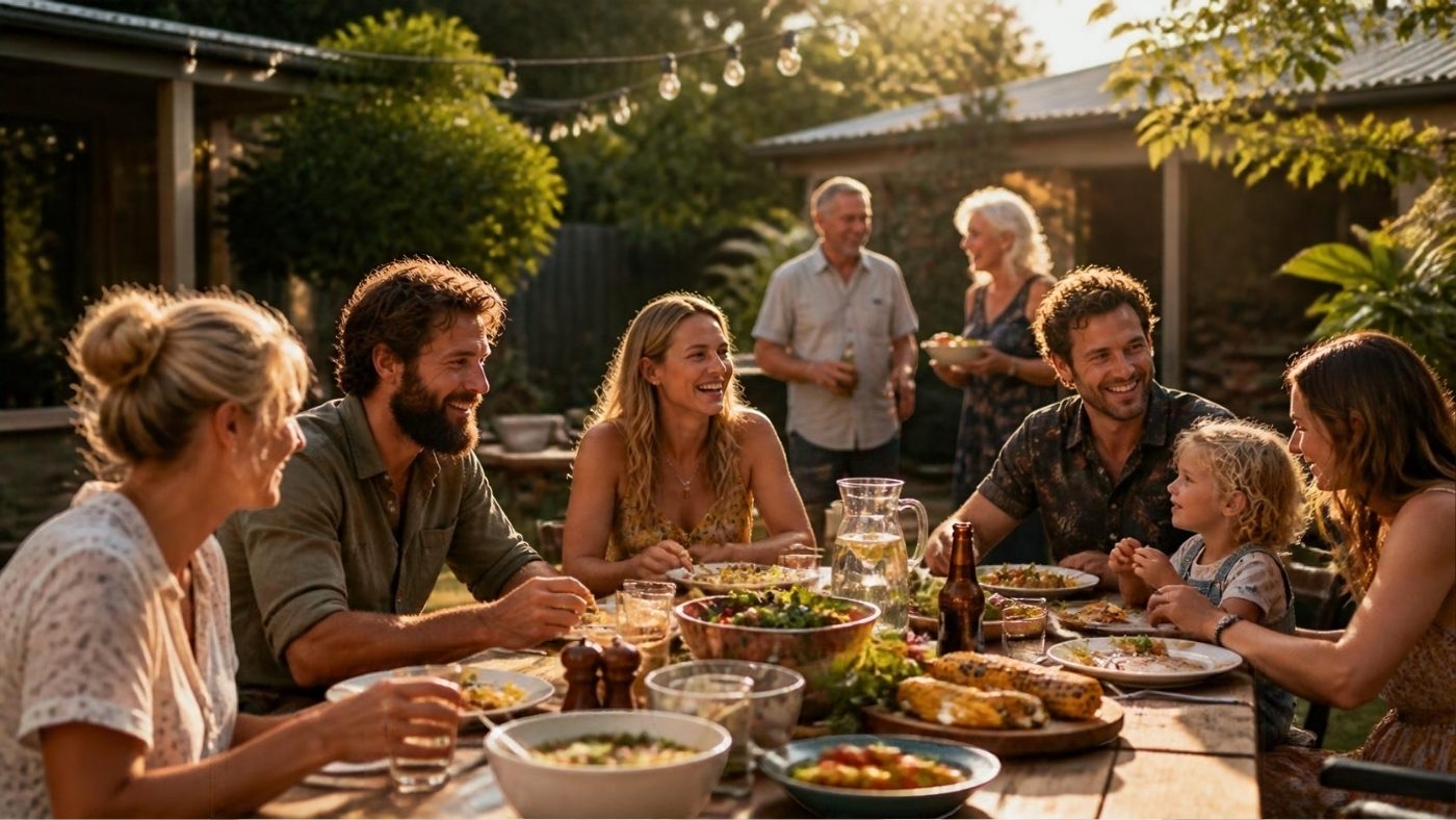 Friends and families sharing a meal in a backyard