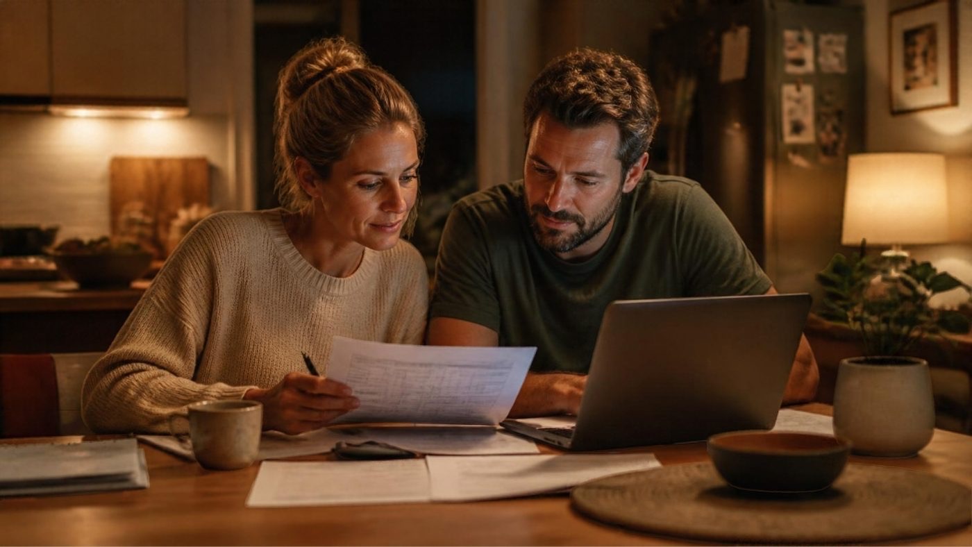 A couple at their kitchen table going through paperwork together